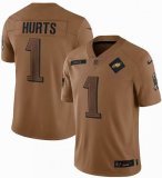 Nike Philadelphia Eagles #1 Jalen Hurts Brown 2023 Salute To Service Limited Jersey