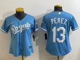 Women Kansas City Royals #13 Salvador Perez skyblue majestic baseball jersey 01