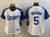 Women 2025 Nike Los Angeles Dodgers #5 Freddie Freeman white blue fashion majestic baseball jerseys Sakura plate 01