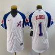 Women Nike Anaheim Angels #1 Ozzie Albies white blue majestic baseball city version