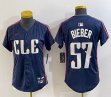 Women Nike Cleveland Indians #57 Shane Bieber blue majestic baseball jersey -BD