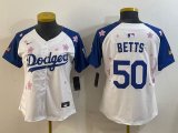 Youth 2025 Nike Los Angeles Dodgers 50 Mookie Betts white blue fashion majestic baseball jerseys Sakura plate 01