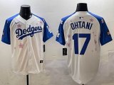 2025 Nike Los Angeles Dodgers #17 Shohei Ohtani white blue fashion majestic baseball jerseys Sakura plate 01